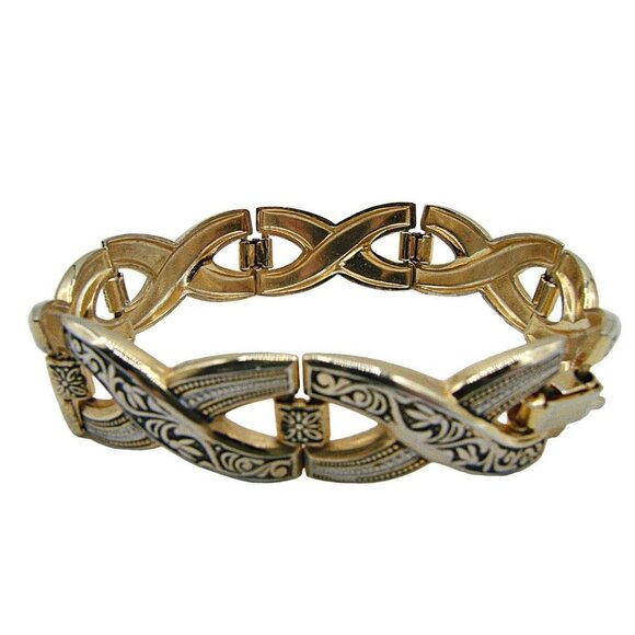 Gold Black X-Link Chain Bracelet Scroll Ornate Design Snap Clasp Size 8" Fashion - Picture 2 of 12